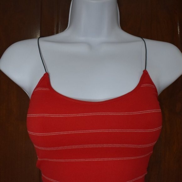 Womens Seamless Red and White Striped Spaghetti String Cropped Tank Top - Picture 3 of 11